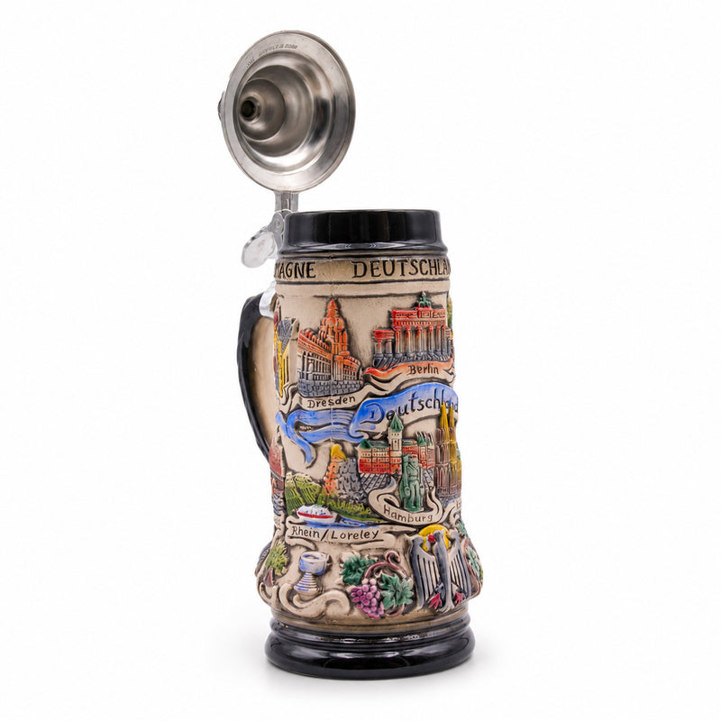 German Beer Stein PANORAMA GERMANY, Special Pewter Lid (ZSD)