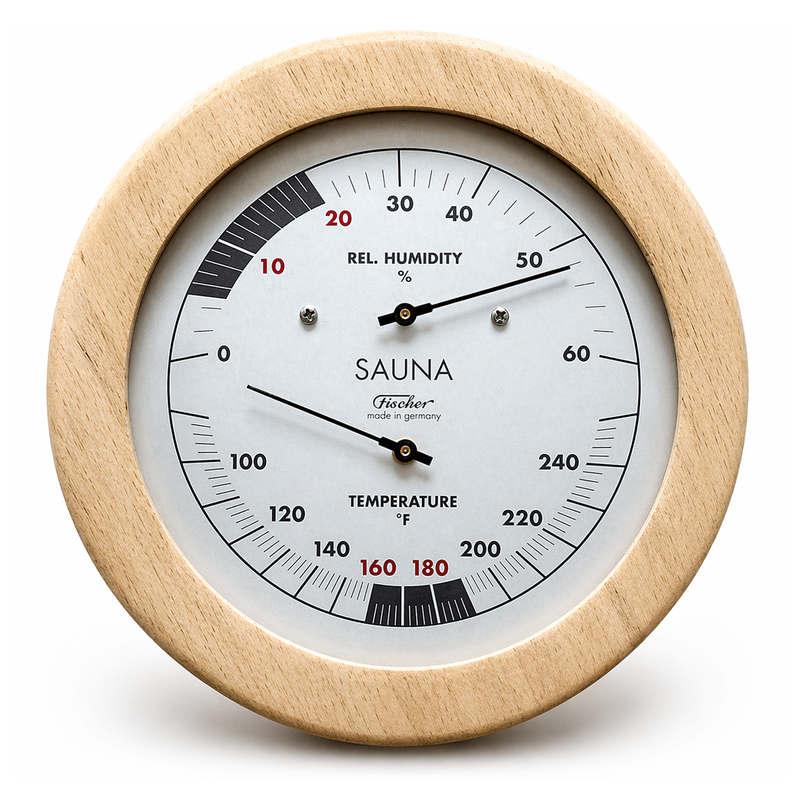 Fischer Sauna Thermometer & Hygrometer, Pinewood, 155 mm / 6.1", 196TH-03F (US, Fahrenheit)