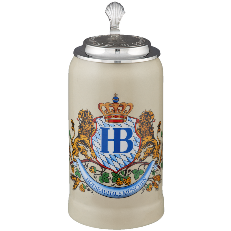 Original Hofbräuhaus München Beer Stein "Lion Decor" with Pewter Lid