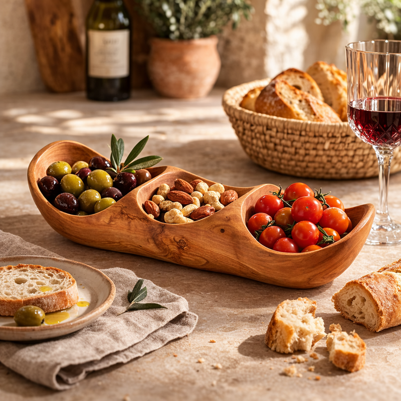 PASTERKAMP Olive Wood 3-Compartment Serving Bowl (30–35 cm / 11.8–13.8 in)