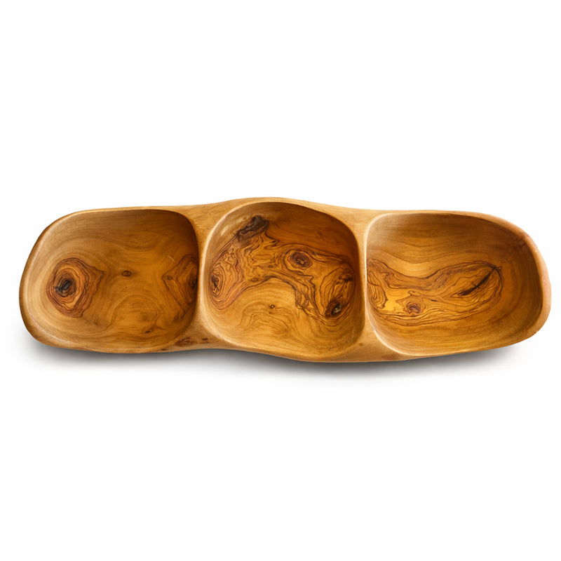 PASTERKAMP Olive Wood 3-Compartment Serving Bowl (30–35 cm / 11.8–13.8 in)