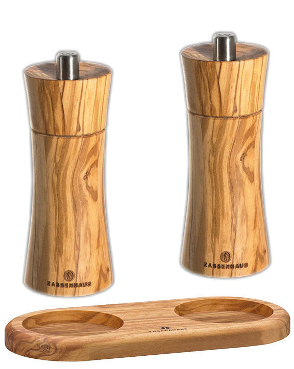 Zassenhaus Pepper & Salt Mill Set FRANKFURT with Coaster, Olive Wood
